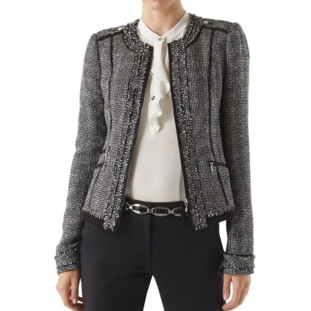 Womens Black & White Tweed Collarless Jacket